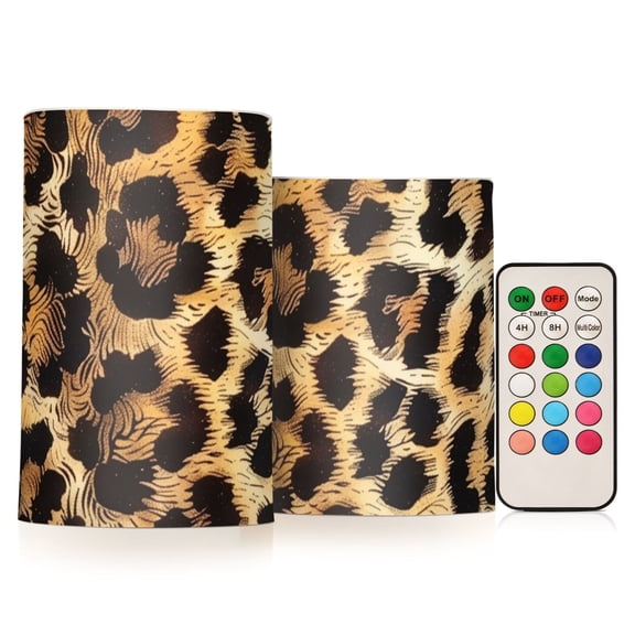 Leopard Fur Print Flickering Flameless Candles LED Tealight Battery Operated with Remote Set of 2 Holiday Decor Ornaments