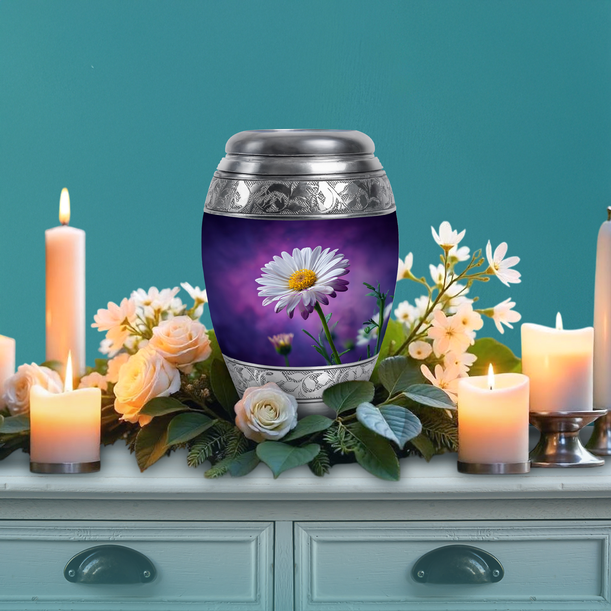 SABURIAL Daisy Urn - Funeral Urn Ashes - Unique Design - 10 Inch - Large With Velvet Bag - Urns For Adult Male & Female - Ashes Urns Human Remains - Decorative For Cremation