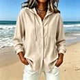 thumbnail image 2 of Puntoco Women's Hooded Button Down Shirt Jacket, Long Sleeve Pocket Loose Linen Look Sun Protection Beach Cover Up Cardigan Blouse Beige S, 2 of 7