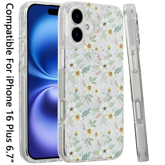 [PolyBag] For iPhone 16 Plus 6.7 inch Magnetic Double Layer IMD Design Case - Green Floral
