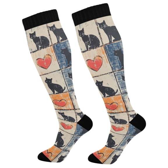FORMRS Womens Knee High Socks Casual Long Thick Travel Daily Wear, 1 Pair, Cats and Hearts
