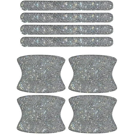 8Pcs White Car Door Handle Stickers Rhinestone Bling Door Handle Scratch Protector Protective Film Reflective Anti-Scratch Handle Sticker with Safety Strips Universal for Most Car Truck SUV