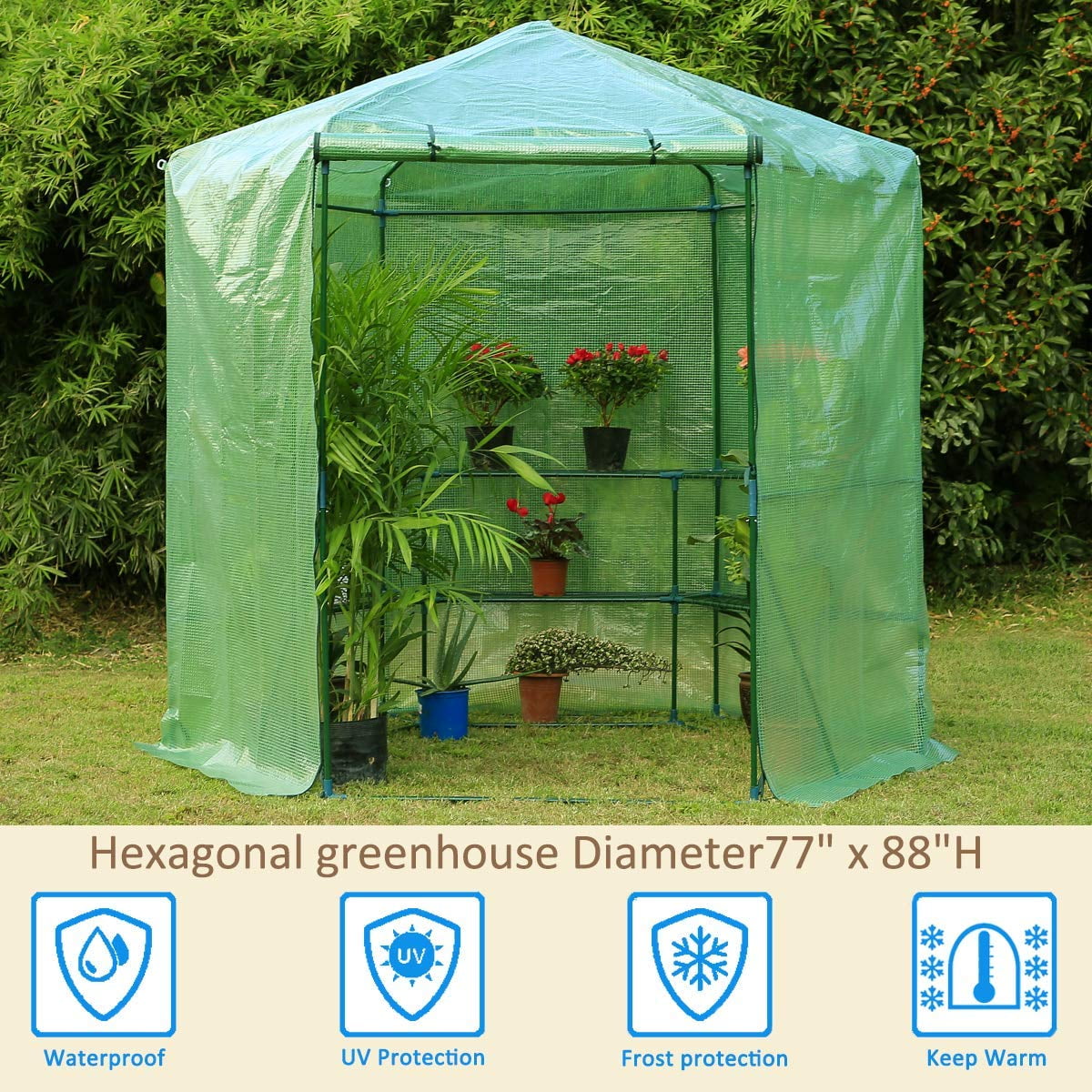 Erommy Portable Greenhouse 3Tier Shelf Hexagonal Walkin Green House