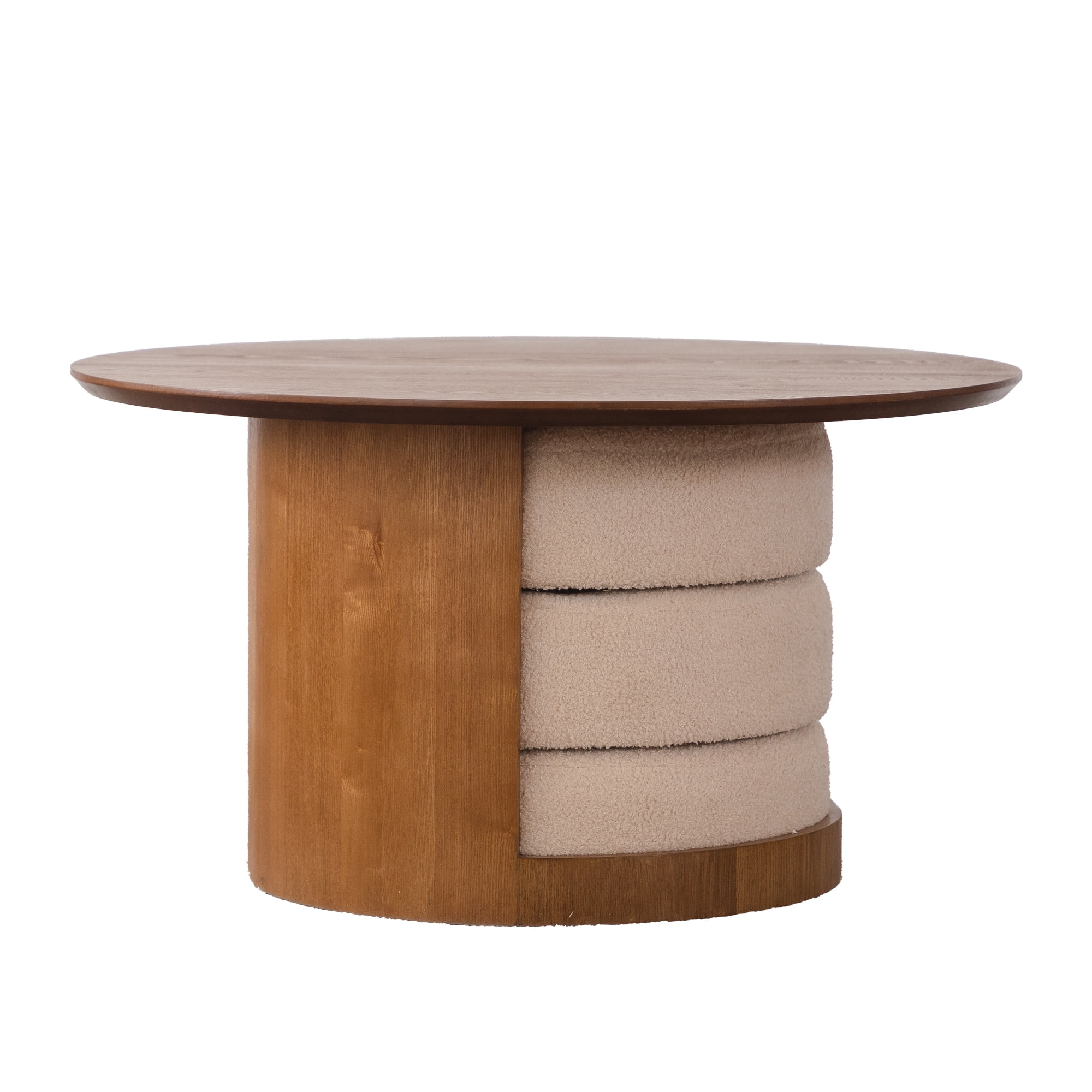 Leumius Round Wood Coffee Table with 3 Teddy Fabric Nesting Stools, Farmhouse Multifunctional Center Table Set with Hidden Storage for Living Room