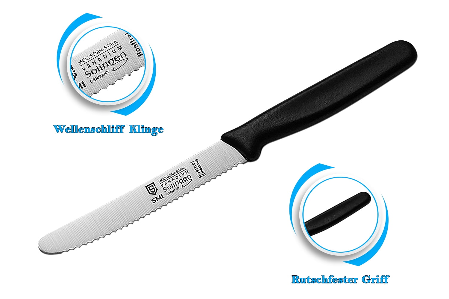 SMI 4.3-Inch German Solingen 6 Pcs Tomato Knife Set Serrated Blade Utility Knives Kitchen Knife - Black