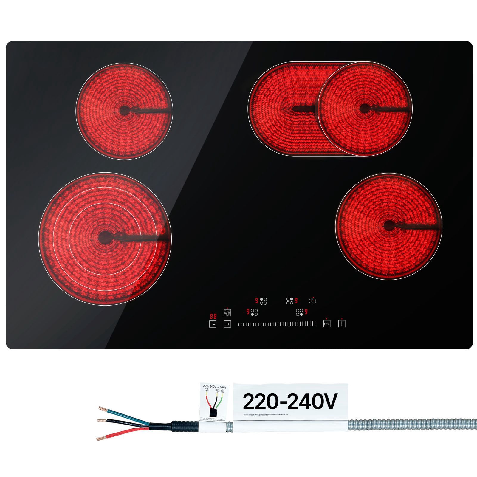 Built in Electric Stove Top,30.3x20.5"4 Burners,240V Glass Radiant Cooktop with Sensor Touch Control,Timer&Child Lock Included,9 Power Levels for Simmer Steam Slow Cook Fry