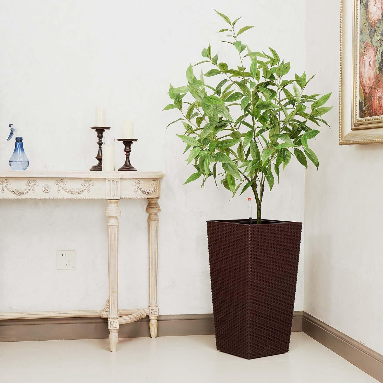 Garvee 22.5" Tall Planter Pots Set of 2, Rattan style, 2 Trays,Water Level Monitor, Wheels, Brown