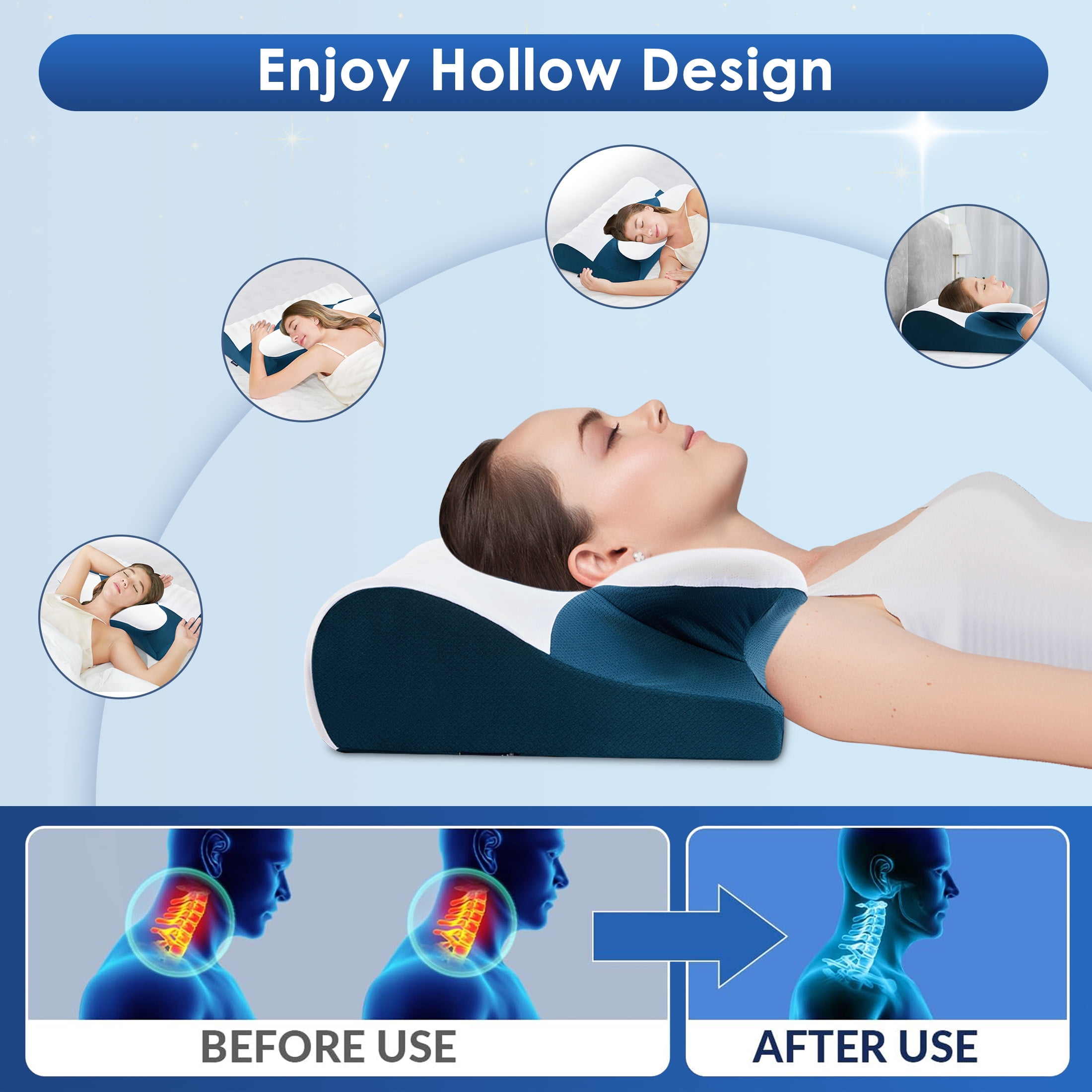 Ergonomic Cervical Memory Foam Pillow for Neck Pain Relief, Orthopedic Contour Pillow with Breathable Cover, for Side, Back, and Stomach Sleepers, Queen Size 23.6"x14.2"x4.7", Blue