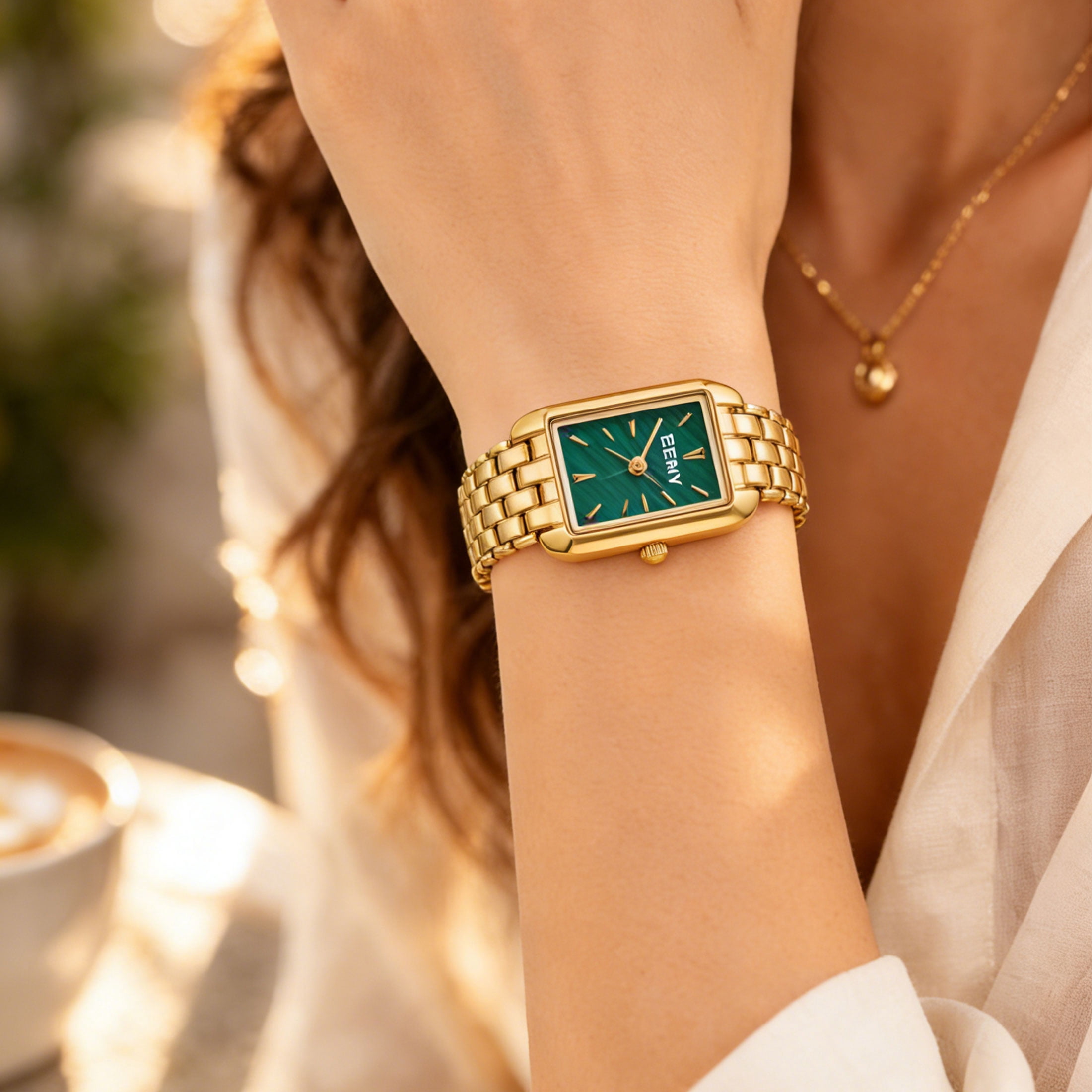 BERNY Small Gold Watches for Women, Women's Gold Rectangular Quartz Watch, Stainless Steel Bracelet, Waterproof Watch Mother's Day Gift for Women (Green)