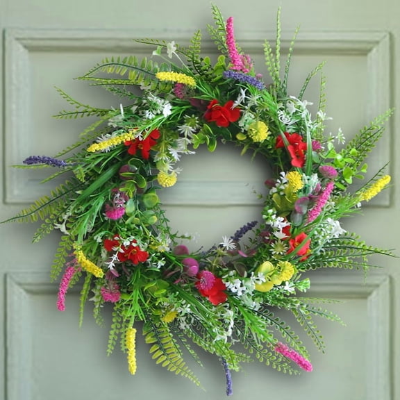 JEWLALO Spring Summer Wreaths for Front Door, 18 Inch Artificial Spring Wreath with Colorful Flowers, Ferns for Home Farmhouse Indoor Outdoor Wall Party Spring Door Wreaths Decorations