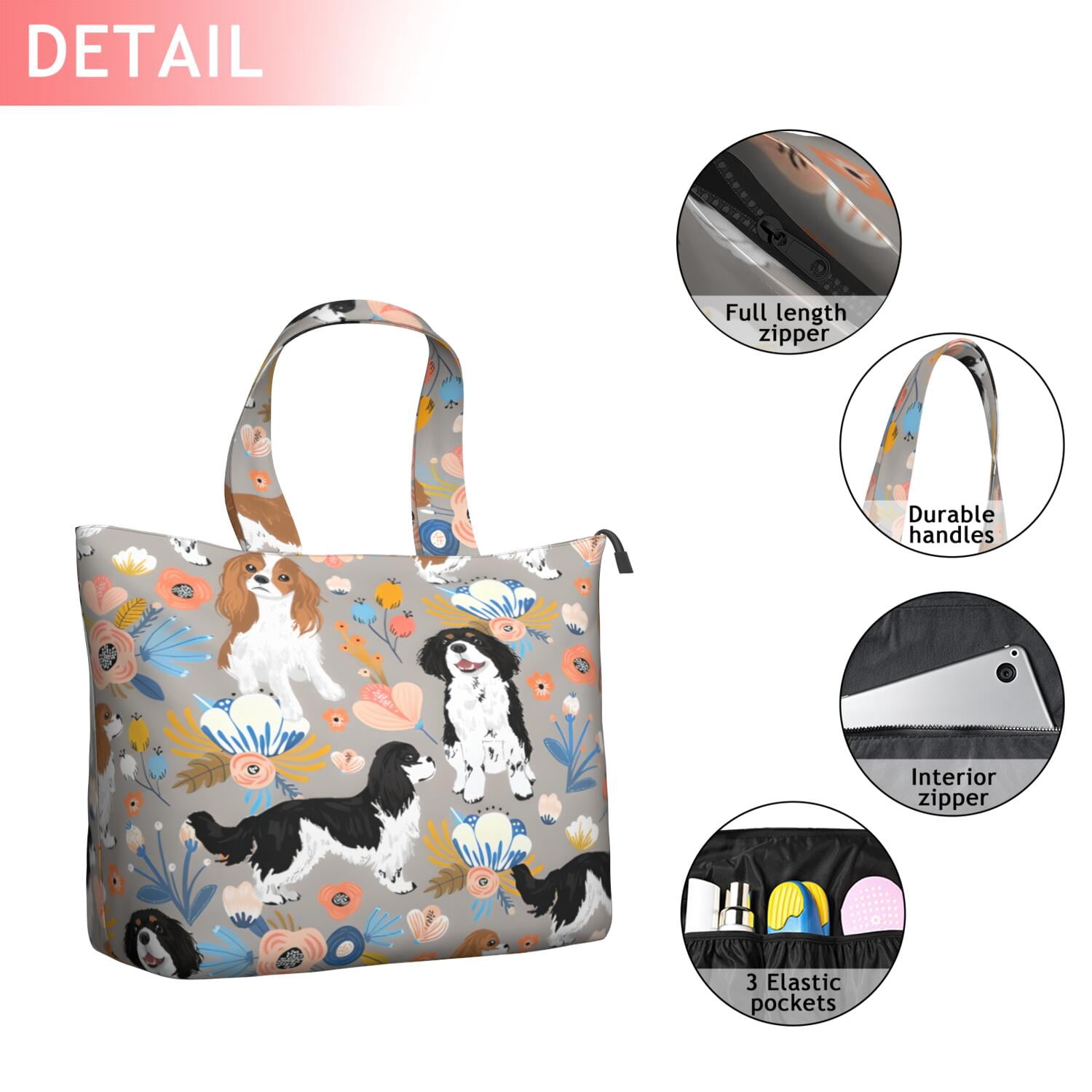 Cavalier King Charles Spaniel Dog and Flower Travel Tote Bags for Women Carry On,Large Weekender Bags for Women Travel,Multi Functional Duffle Bag for Work,Shopping,Sports