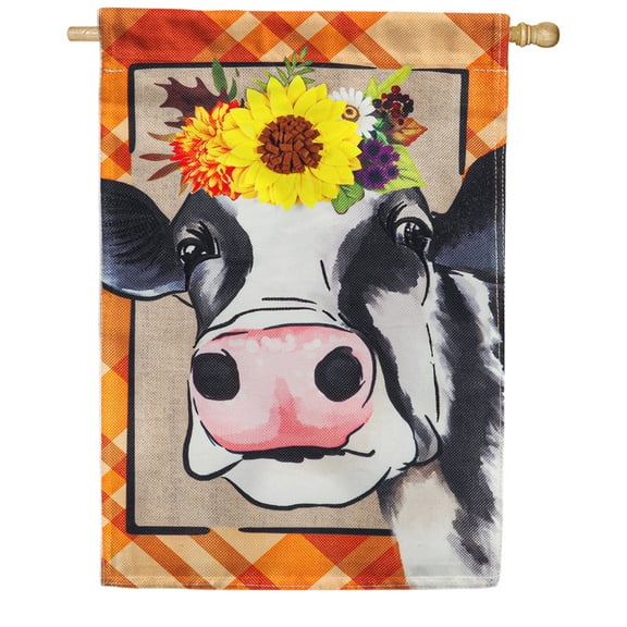 Evergreen Burlap House Flag - Fall Cow, 28 x 40 inch Outdoor Yard Decorative Flag