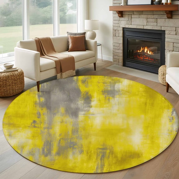 Gradient Yellow Grey Round Rug 5Ft Abstract Vintage Yellow Grey Oil Painting Circle Area Rugs Washable Non Slip Indoor Floor Mats Carpet for Living Room Bedroom Dining Room Home Decor