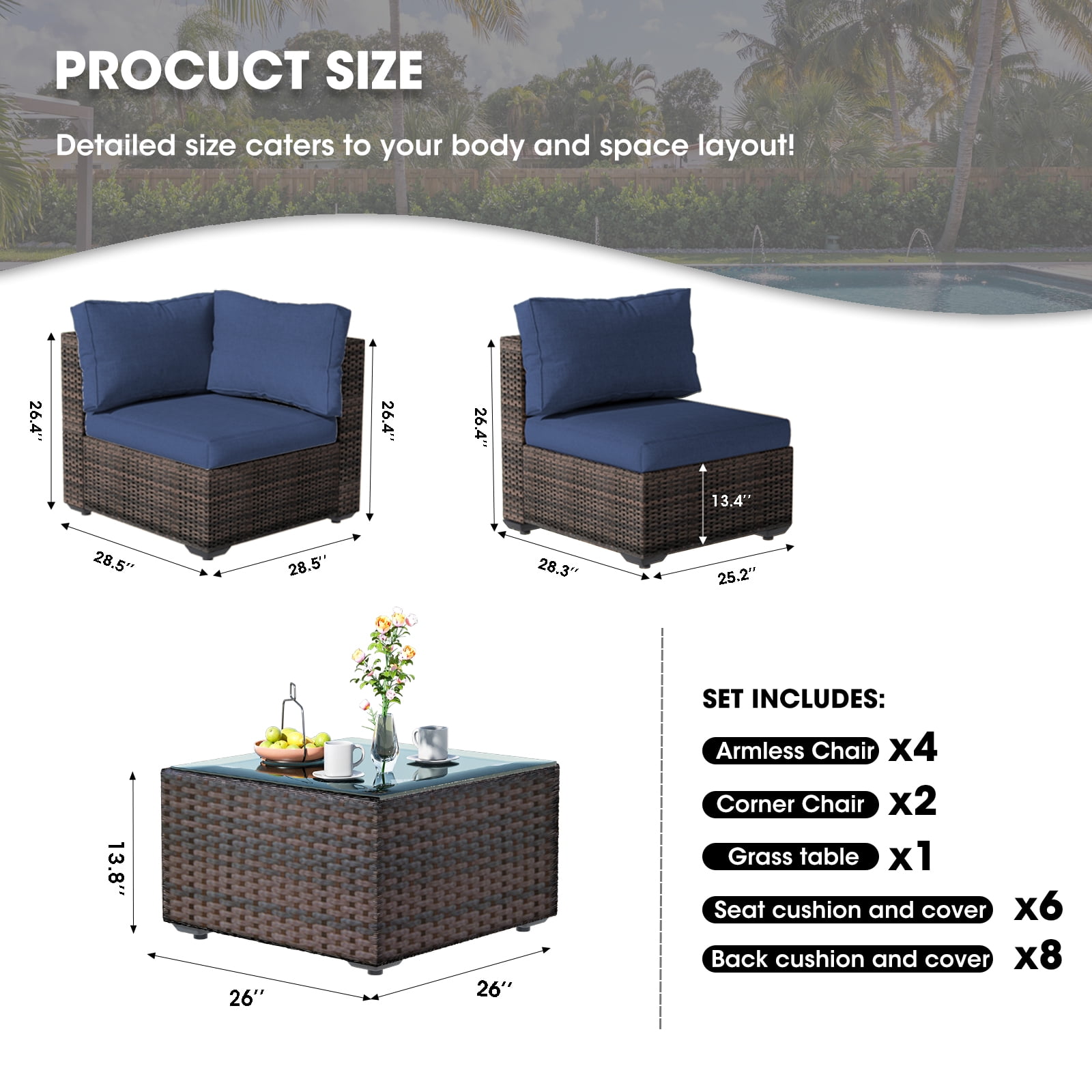 Gaildon 7 Patio Outdoor Furniture Wicker Sectional Sofa Couch Lawn Sectional Black Glass Table, Blue