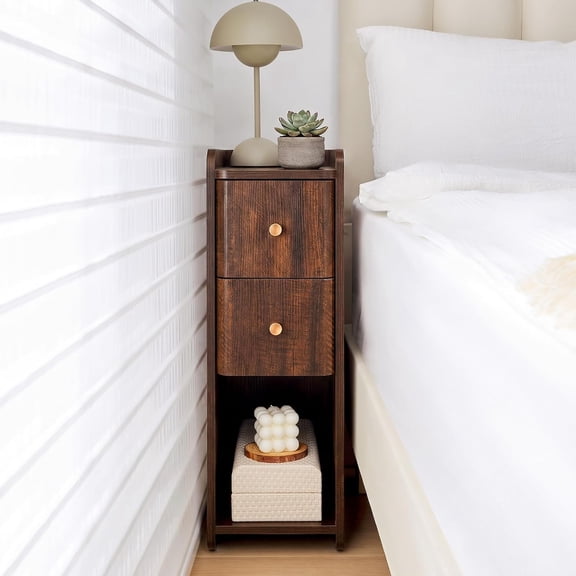Yueqing Narrow Nightstand Wooden 2 Drawer Cherry Walnut 1 pc