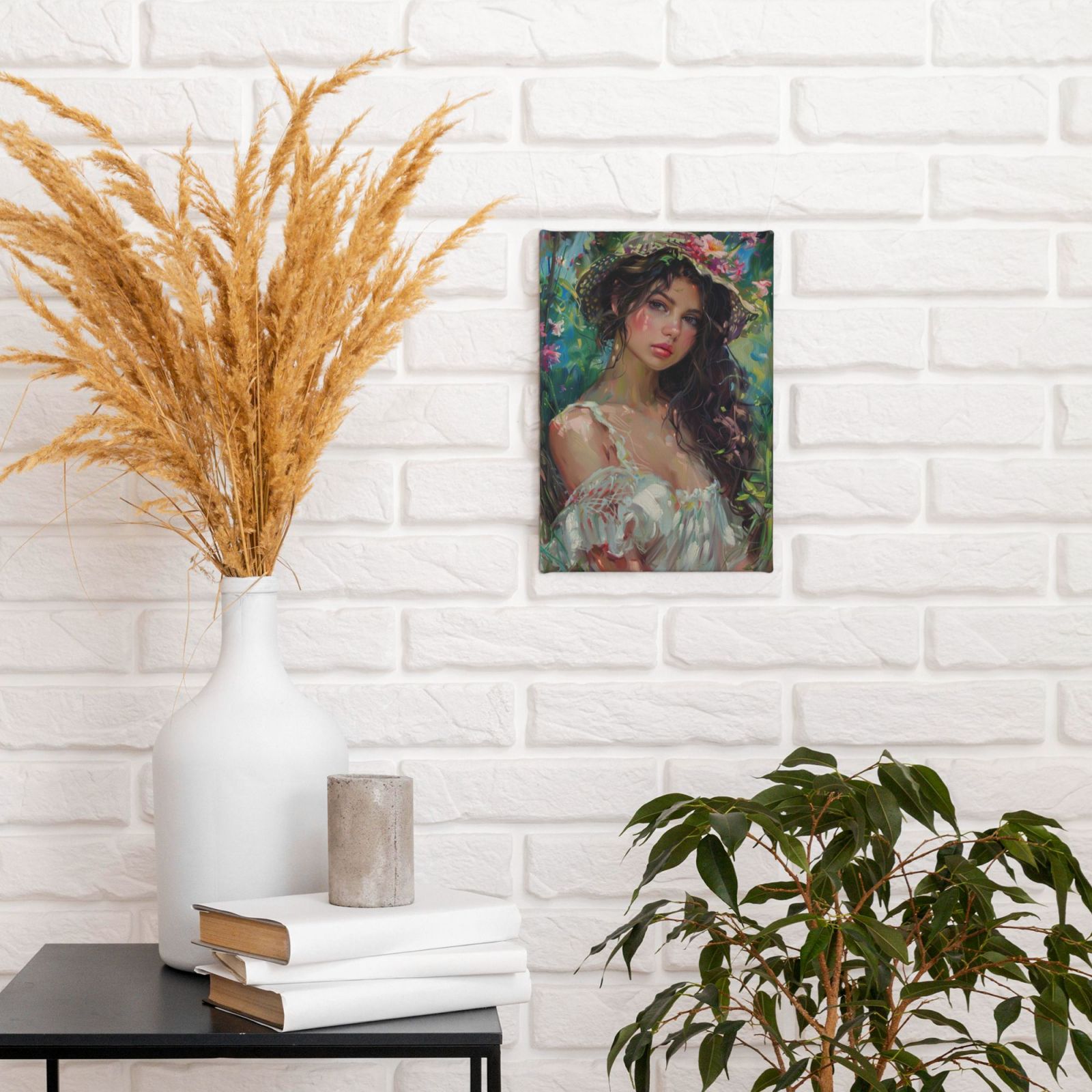 8x12 inch Canvas Picture Flower Hat Woman,Home Bedroom,Garden,Lounge Wall Art Decor Poster Canvas,Vintage Flower Hat Woman Art Painting Prints,Gift For Lovers,Bedroom,Woman & Man Cave,Garden