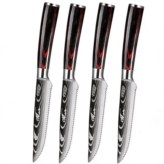 Serrated Steak Knives Set of 4 Wooden Handle Hight Carbon Stainless Steel Damascus Laser Meat Cutting Knife Kitchen Dinner Knife