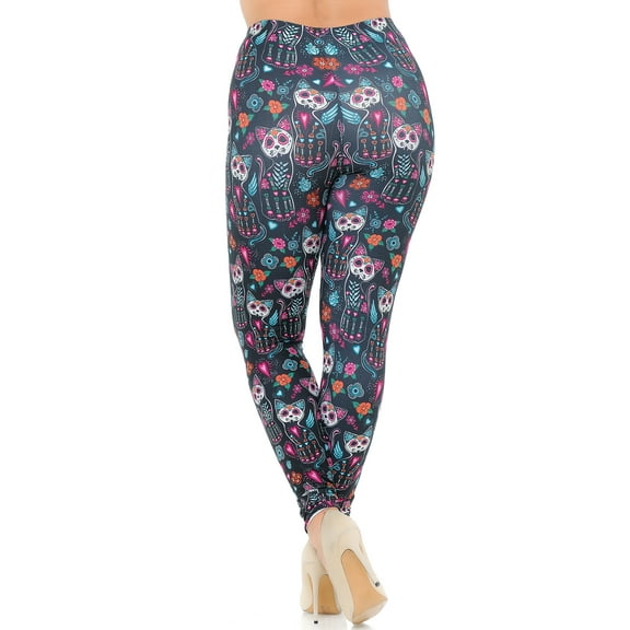 Creamy Soft Leggings Premium Women's Sugar Skull Kitty CatsExtra Plus, High Rise, Stretchy, Comfortable, 3X-5X Leggings - by USA Fashion