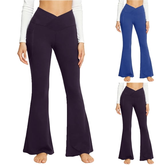 Womens Leggings Plus Size Pull on Pants Stretchy Bootcut Yoga Pants Flare Leggings with Pockets for Workout Running Athletic Activewear