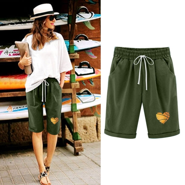 Puntoco Pantalones Cortos De Verano Mujer Moda 2024 Pantalones Cortos De Mujer Algodón Y Lino Estampado De Moda Cintura Elástica Pantalones De 5 Pulgadas Cordón Pantalones Cortos De 5 Pulgadas