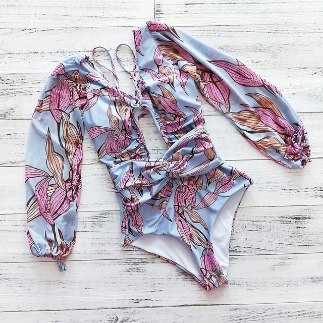Traje de ba?o de una pieza con estampado de manga larga y manga farol hueca para mujer (1 pieza, gris azul) LingWen 8390612795862