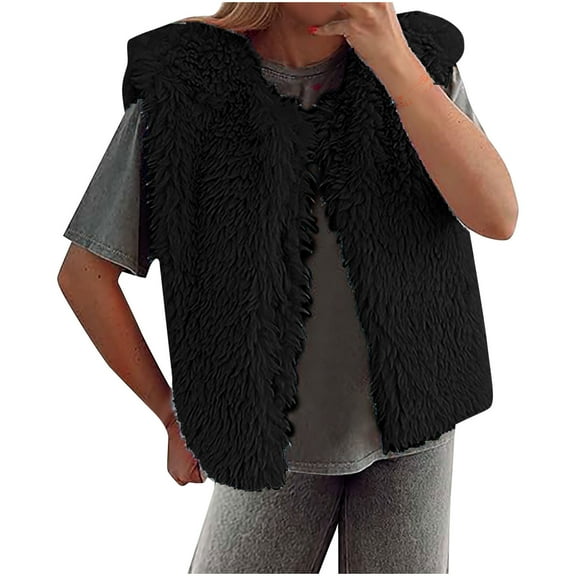 HTNBO Womens Faux Fur Vest Cropped Sleeveless Warm Winter Shaggy Open Front Outerwear Vest