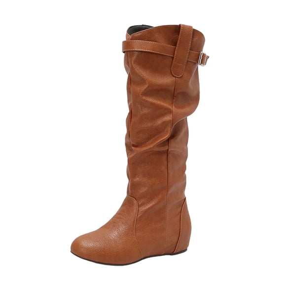 Xfvqtps Knee High Boots for Women Winter Fashion Slouchy Boots Wedge Heel Fleece Lined Comfortable Booties with Buckle Strap Detail