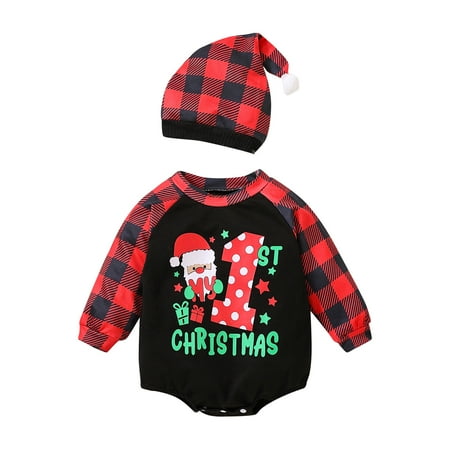 

Baby Girls Bodysuits Boys Christmas Longleeveanta Letter Prints Xmas Plaid Romper Bodysuit Hatet