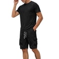 thumbnail image 2 of Mens 2 Piece Outfit Crew Neck Short Sleeve Ligjtweight Drawstring Shorts Summer Solid Color Set With Large Pockets Black XL, 2 of 7