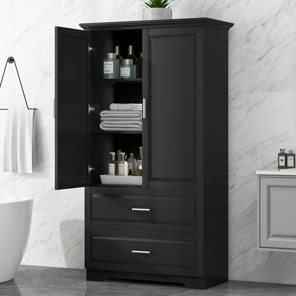 EUROCO Bathroom Floor Storage Cabinet,Bathroom Storage Unit,Freestanding Cabinet with 2 Drawers and 2 Doors,Adjustable Shelf,32 x 15 x 63.2 Inches,Black