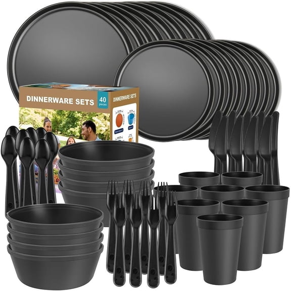 40 Piece Plastic Dinnerware Set for 8 with Cutlery, Unbreakable Plates and Bowls Set, Dishwasher & Microwave Safe Reusable Dish Set for Camping, RV, Outdoor Kitchen, Apartment Dining,Sunset Multicol