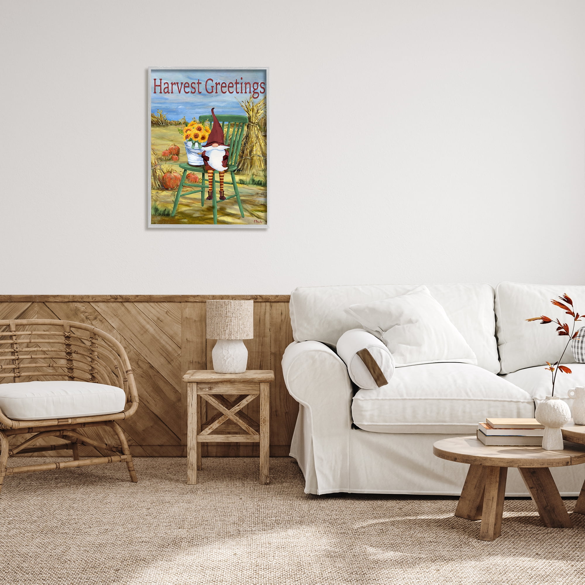 Stupell Industries Harvest Greetings Gnome Landscape Painting Gray Framed Art Print Wall Art, 24 x 30