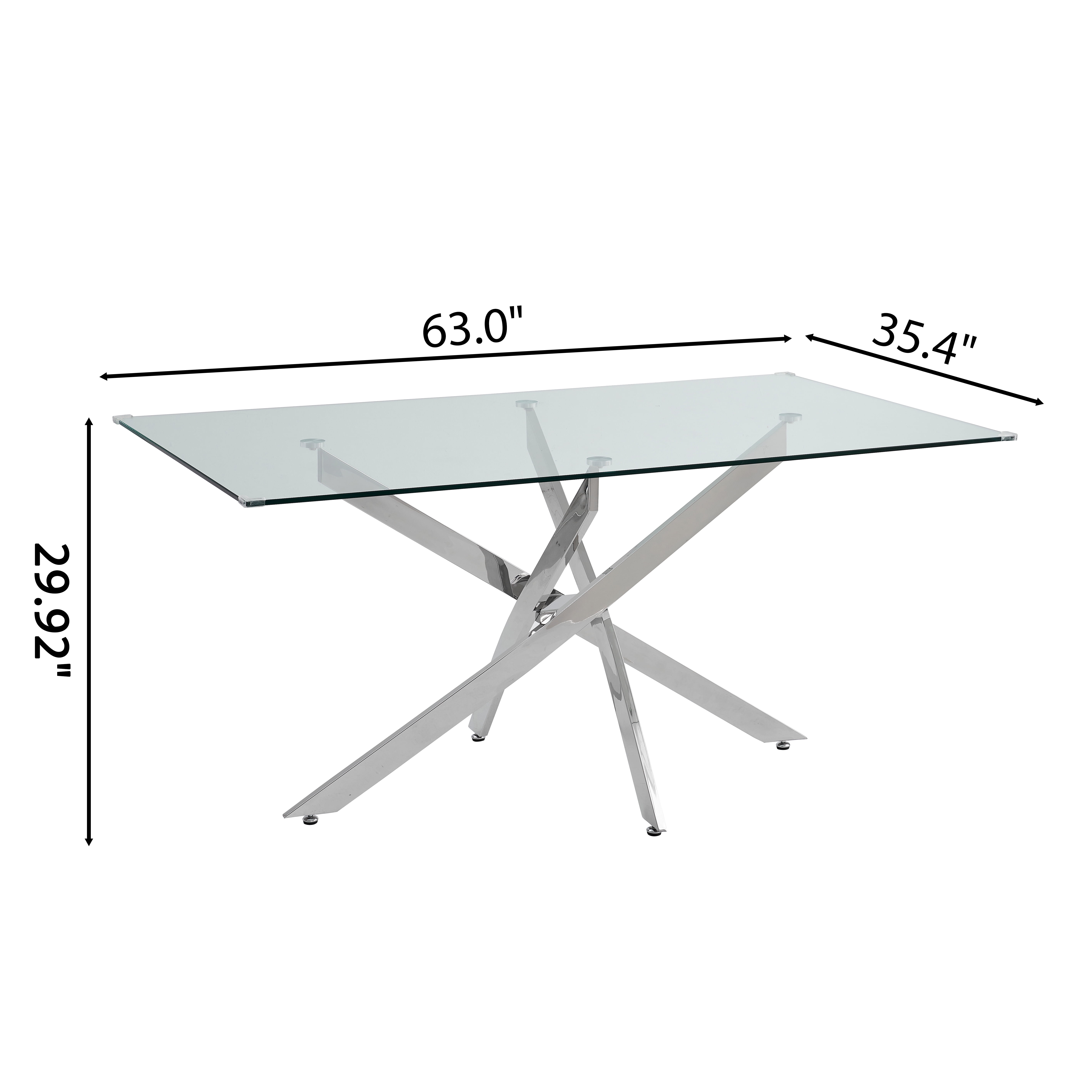 63" Rectangular Glass Dining Table, Modern Clear Tempered Glass Top with Silver Stainless Steel Cross-Legged Base, for Kitchen, Apartment, Living Room