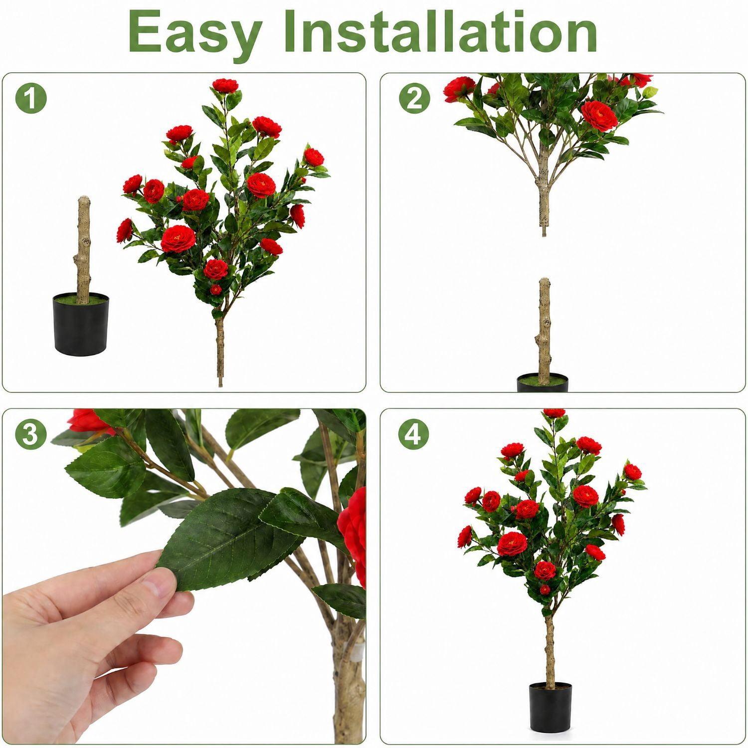 Easy4Home 3.3FT Artificial Flower Plant Fake Camellia Tree Potted Indoor, Red