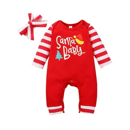 

Canrulo My 1st Christmas Newborn Baby Girls Jumpsuit Santa Baby Striped Romper Headband Xmas Clothing Red 9-12 Months