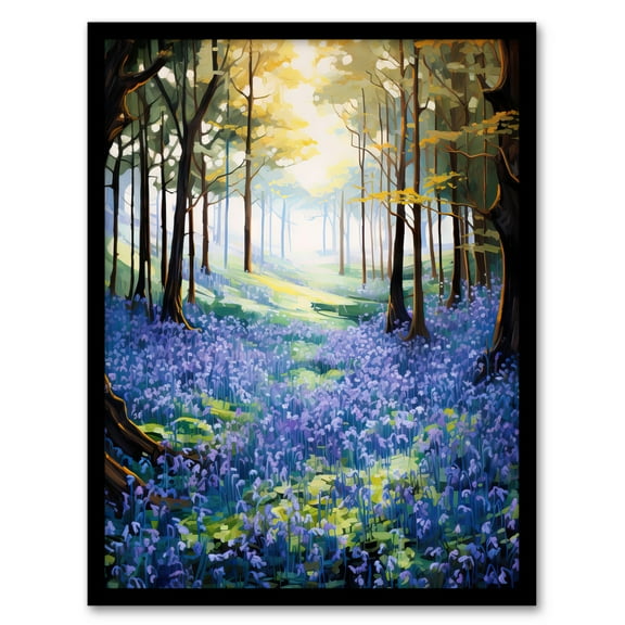 Bluebell Wood Spring Flower Woodland Scene Oil Painting Forest Landscape Art Print Framed Poster Wall Decor 12x16 inch