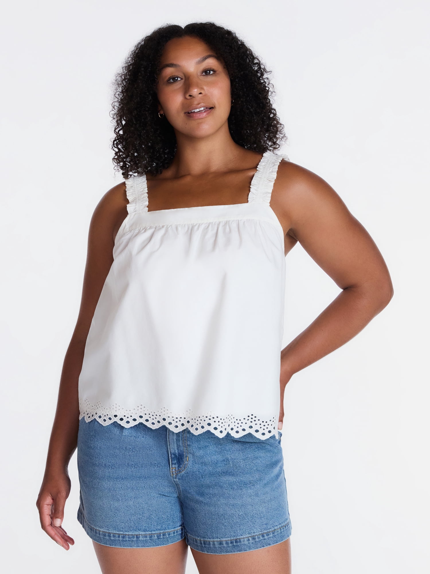 Time and Tru Women’s Eyelet Trim Cotton Tank Top, Sizes XS-XXXL