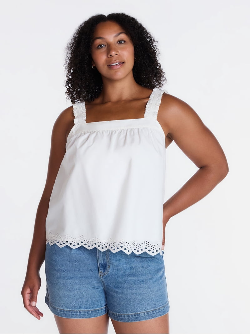 Time and Tru Women's Eyelet Trim Cotton Tank Top, Sizes XS-XXXL