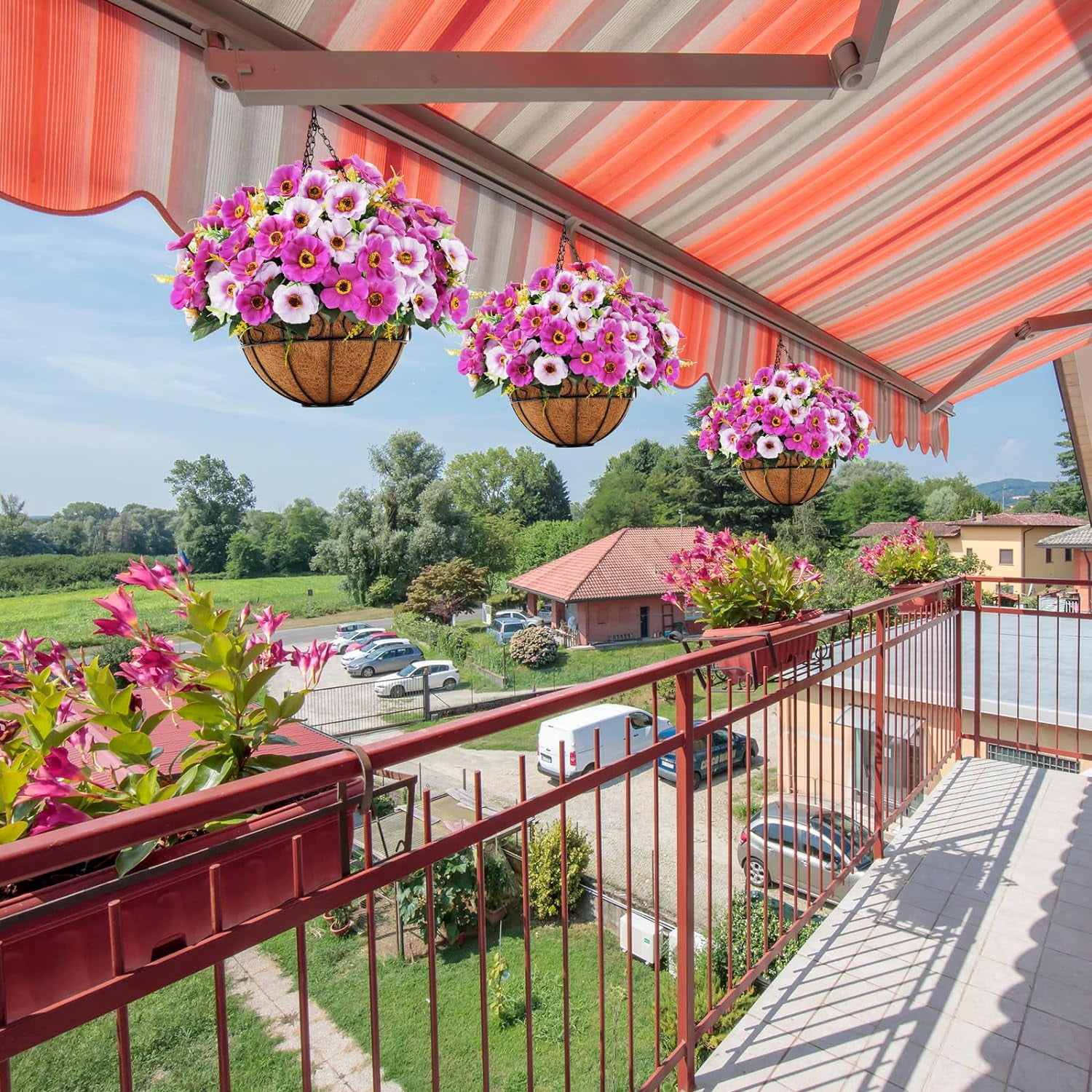 Artificial Fake Hanging Flowers Baskets for Outdoors Spring Summer Decoration Faux Silk Colorful Daisy UV Resistant for Garden Porch Home Patio Balcony Decor