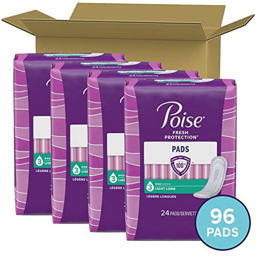 Poise Incontinence Pads & Postpartum Incontinence Pads, 3 Drop Light Absorbency, Long Length, 96 Count (4 Packs of 24)