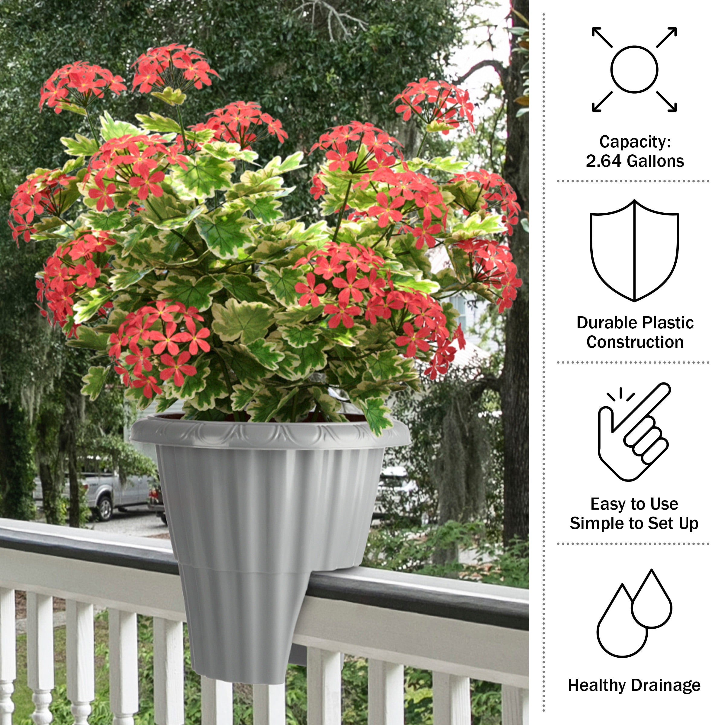Pure Garden 13.5in Plastic Railing Planter - 2.6- gal Outdoor Flower Pot, Gray