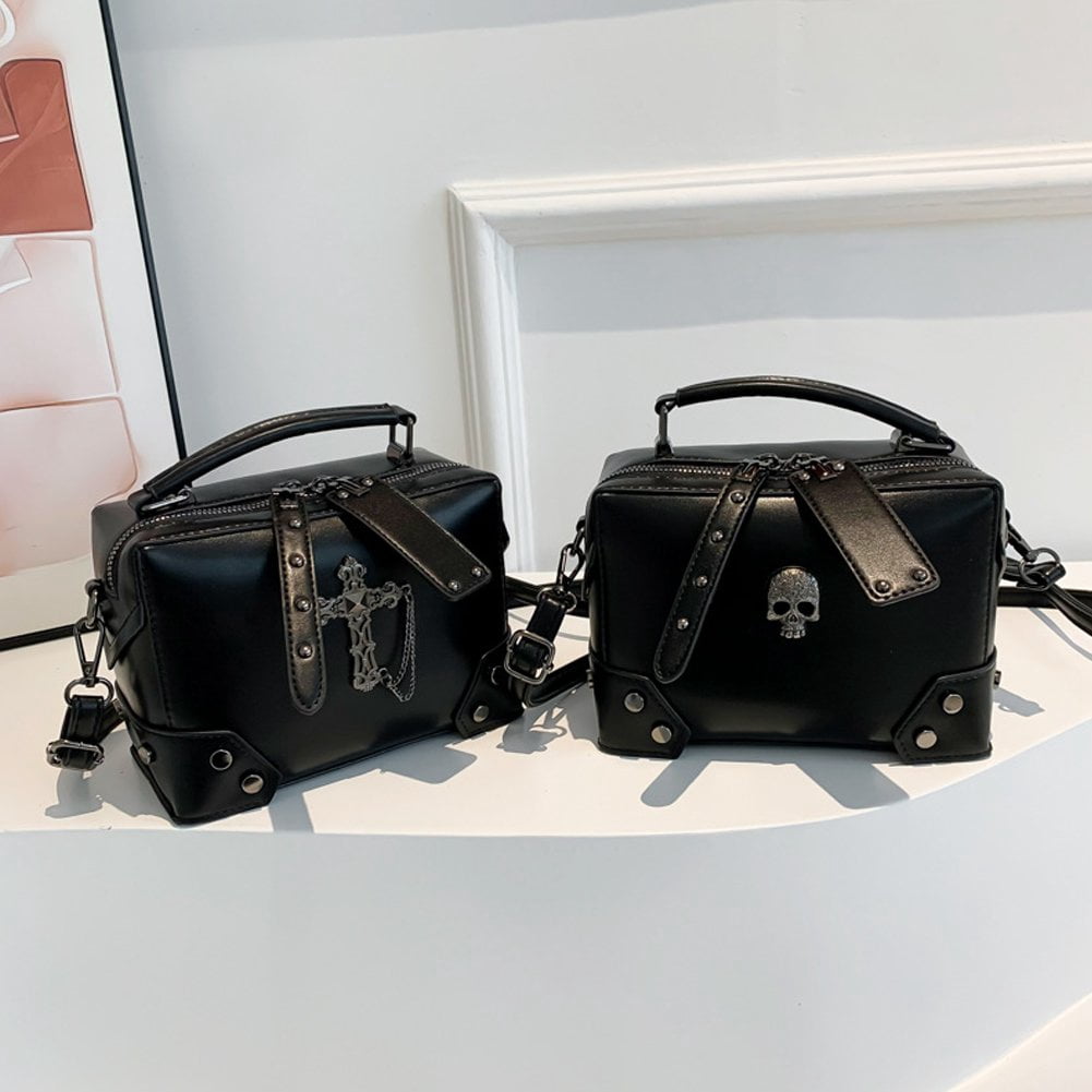 Hzzsbu Gothic Skull Shoulder Bag - Punk Studded Crossbody Purse with Chain Strap for Women