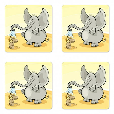 

Elephant Coaster Set of 4 Funny Bathing Mouse Trunk in the Desert Cartoon Animal Print Kids Square Hardboard Gloss Coasters Standard Size Grey Yellow Cream by Ambesonne