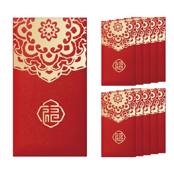 Fiudx Sobres Rojos de Año Nuevo Chino, Elegante Diseño con Estampado Dorado, Estampado Floral Hueco, Portamonedas Festivo, Accesorio para Bodas, Cumpleaños y Fiestas, Juego de 10 Unidades, Tamaño 17