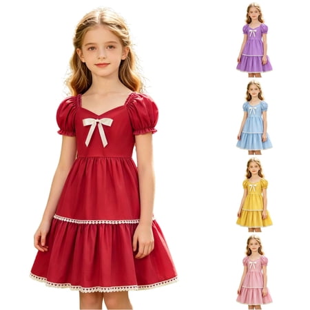 Girls Summer Dresses Short Sleeve Solid Lace Trim Casual Party Wear for Toddler Kids 4t Holiday Dress 4-5 Years