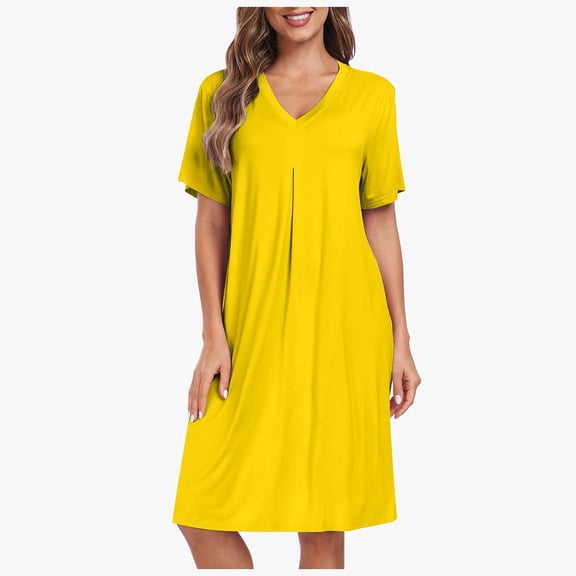 Huowey Women Casual Dresses Solid Color V-Neck Short Sleeve Loose Fit Nightgown Nightdress Sleepshirt Cozy Soft Comfy Midi Length Nightdress Loungewear,Yellow,XL