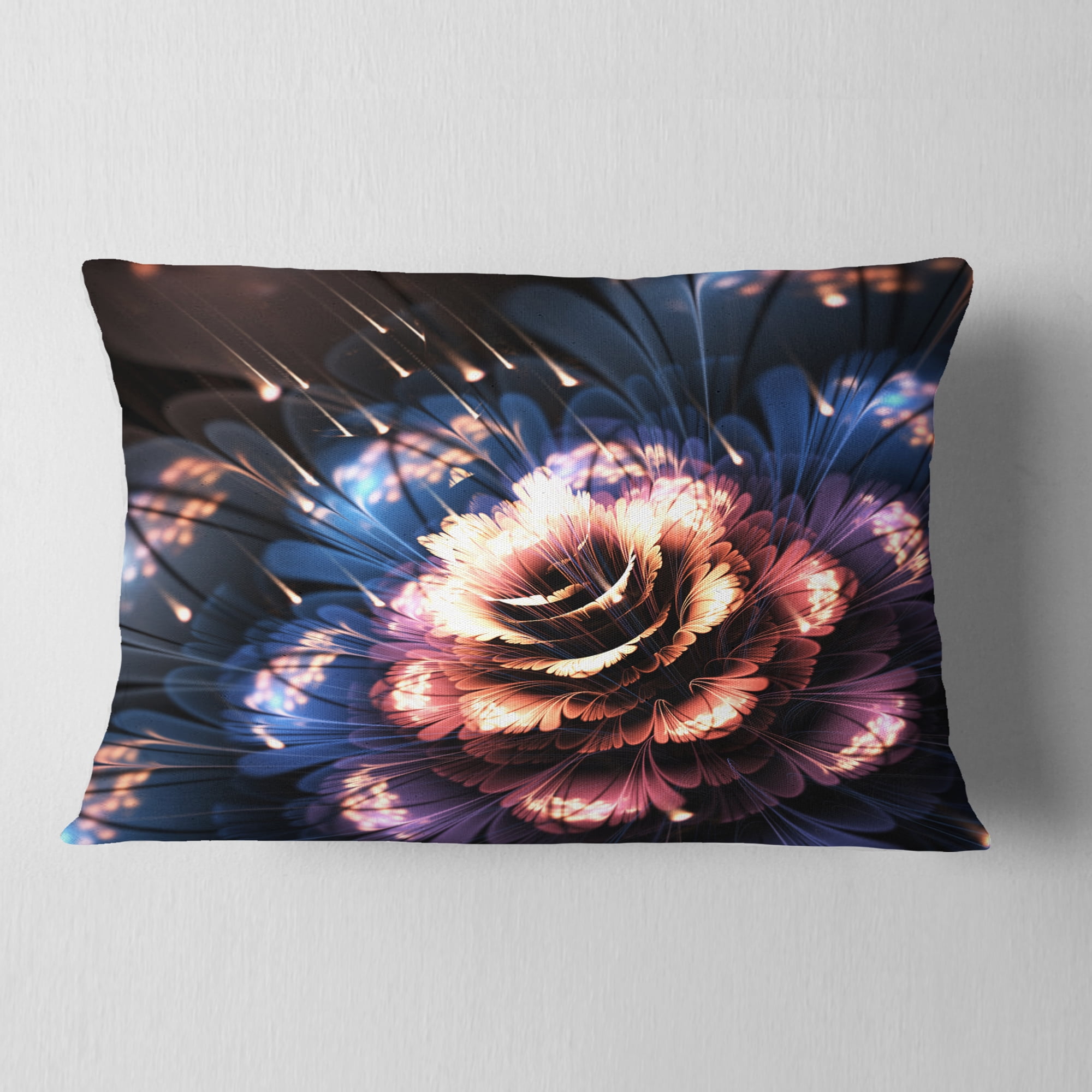 Designart Fractal Flower Orange and Blue - Floral Throw Pillow - 12x20
