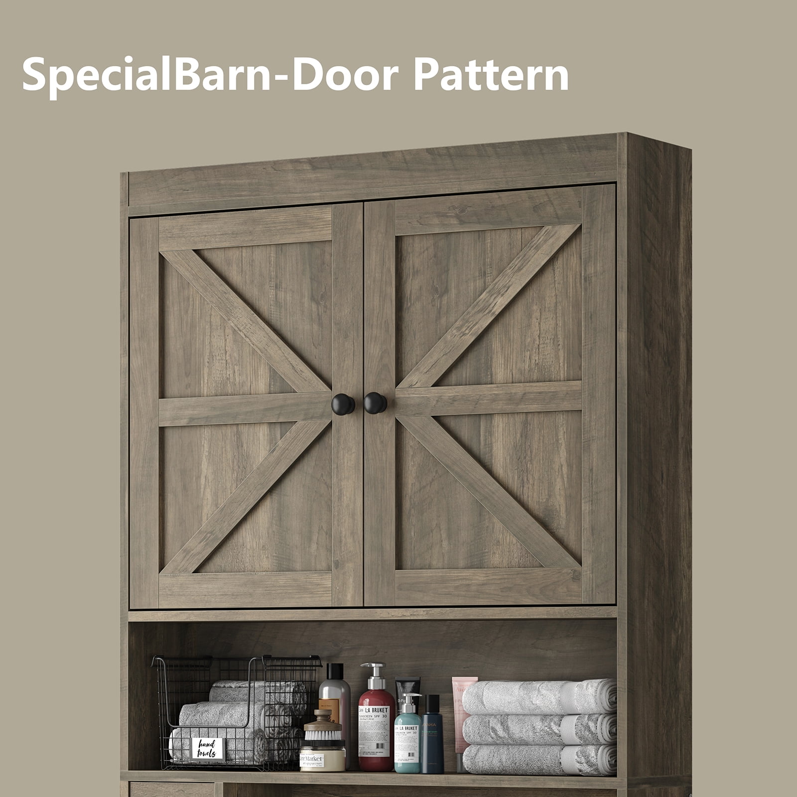 Furnihold Over The Toilet Storage Cabinet with Barn Doors, 32.3''W Farmhouse Bathroom Over Toilet Shelf Space Saver with Toilet Paper Holder, Gray