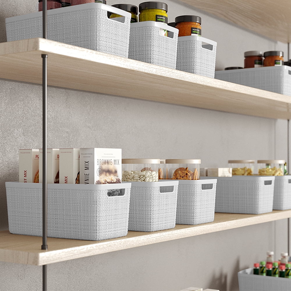 Curver Set of 6 Jute Basket Slim Durable Resin Organization and Storage Basket Bin, White