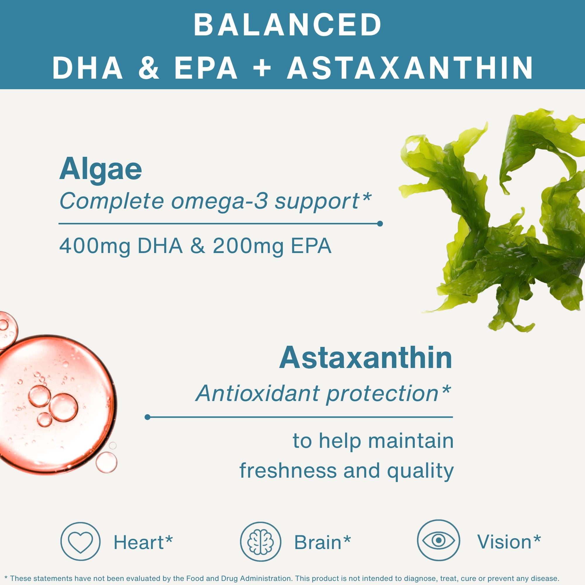 Igennus Vegan Omega-3 Algae Oil, IAOS Certified Pure, 400mg DHA & 200mg EPA per Serving, 90 Servings, Triglyceride Form, Supports Brain & Heart Health, with Astaxanthin, 180 Small Softgels